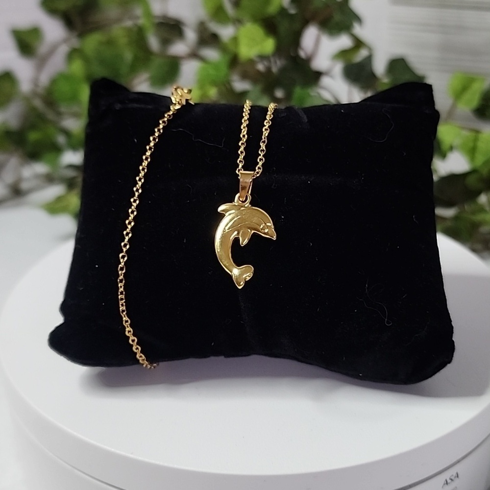 Gold Stainless Steel Dolphin Charm Pendant on a 18" Chain Necklace